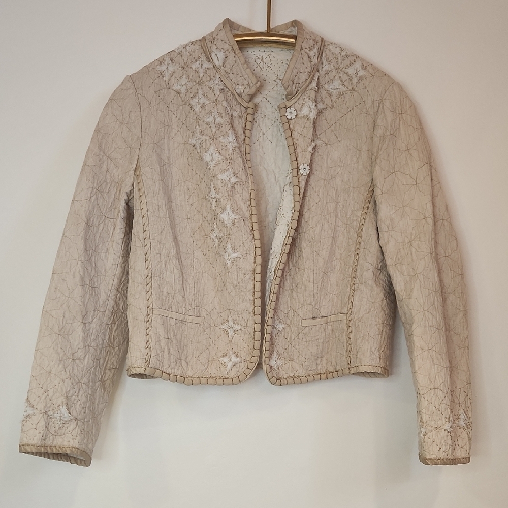 Prada Style Italian Jacket Cotton Neutral Short Quilted Embroidered No Tags - Picture 16 of 16